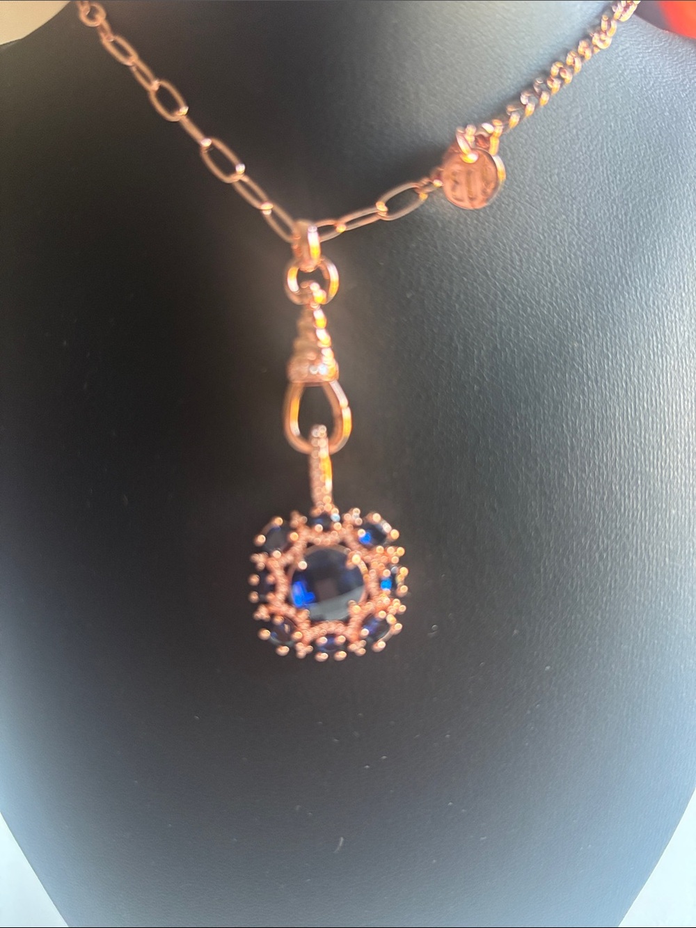 bp Rose Gold-Tone Necklace with Deep Blue Crystal Pendant